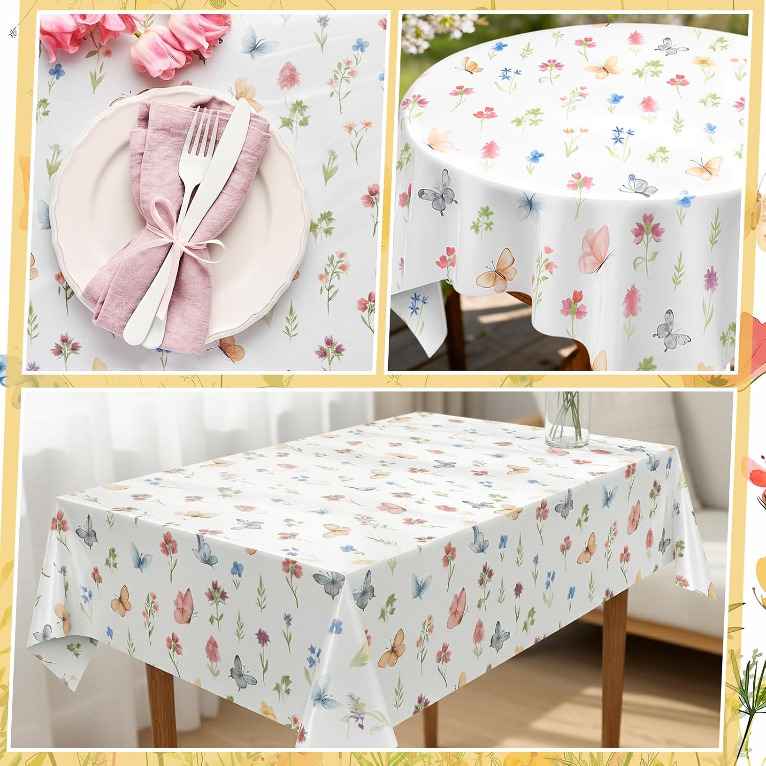 Tudomro 54 Inch x 100 ft Spring Wildflower Tablecloth Roll, Floral Party Supplies, Waterproof Disposable Wildflower and Butterfly Cuttable Plastic Table Cover for Tea Birthday Wedding Party Decoration
