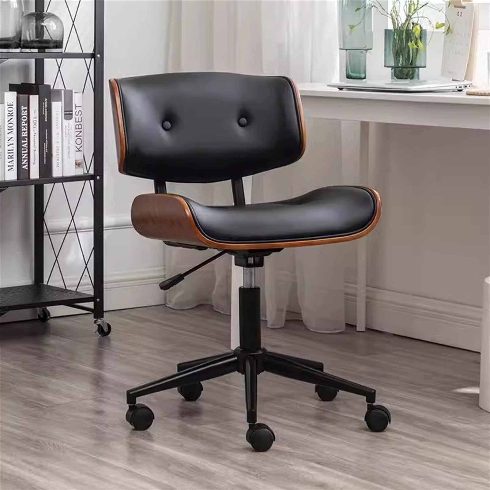 Ergonomiczne krzesło biurowe, Obrotowe krzesło biurowe z regulowaną skórą w stylu retro Wygodne drewniane małe krzesło biurowe Odpowiednie do domu biurowego Krzesło biurowe(Czarny)