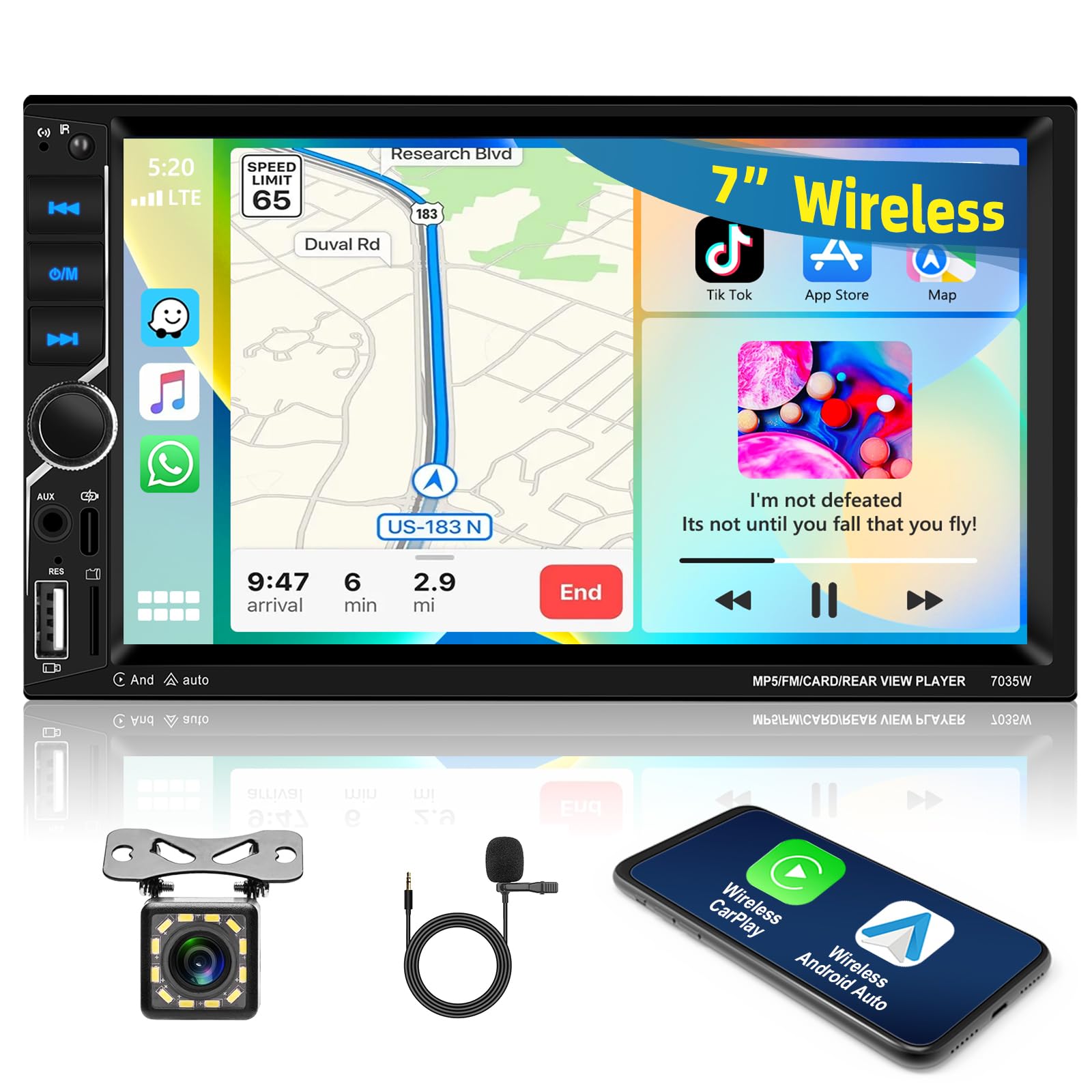 2 Din Carplay Car Stereo Bluetooth 5.1, 7 Zoll HD Touchscreen Autoradio Android Auto, Unterstützung MirrorLink, FM Radio, USB, AUX, Laden + Rückfahrkamera
