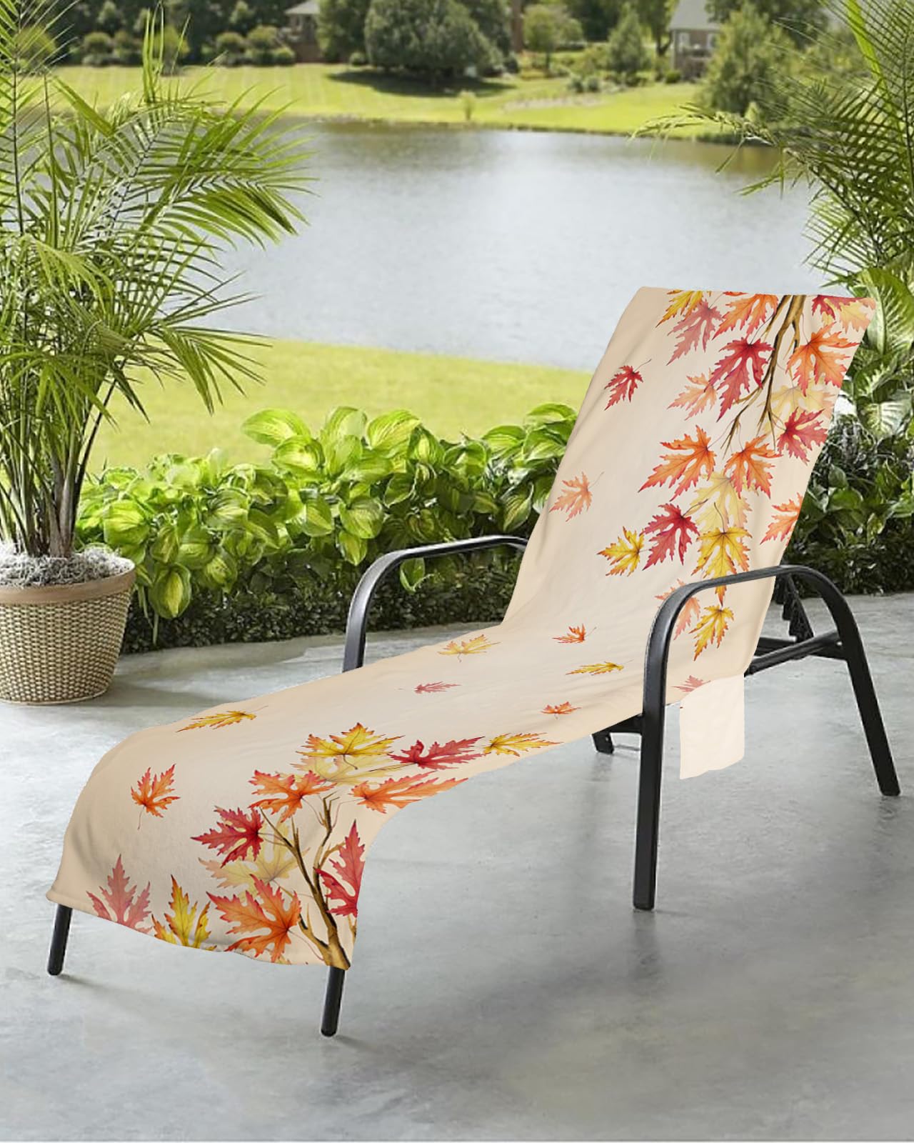 Autumn Maple Leaves Beach Chair Towel Covers for Chaise Lounge with Side Pocket, Soft Plush Pool Towels Cover for Patio Sunbathing Outdoor 29''x85'' Thanksgiving Harvest Fall Aesthetics Art