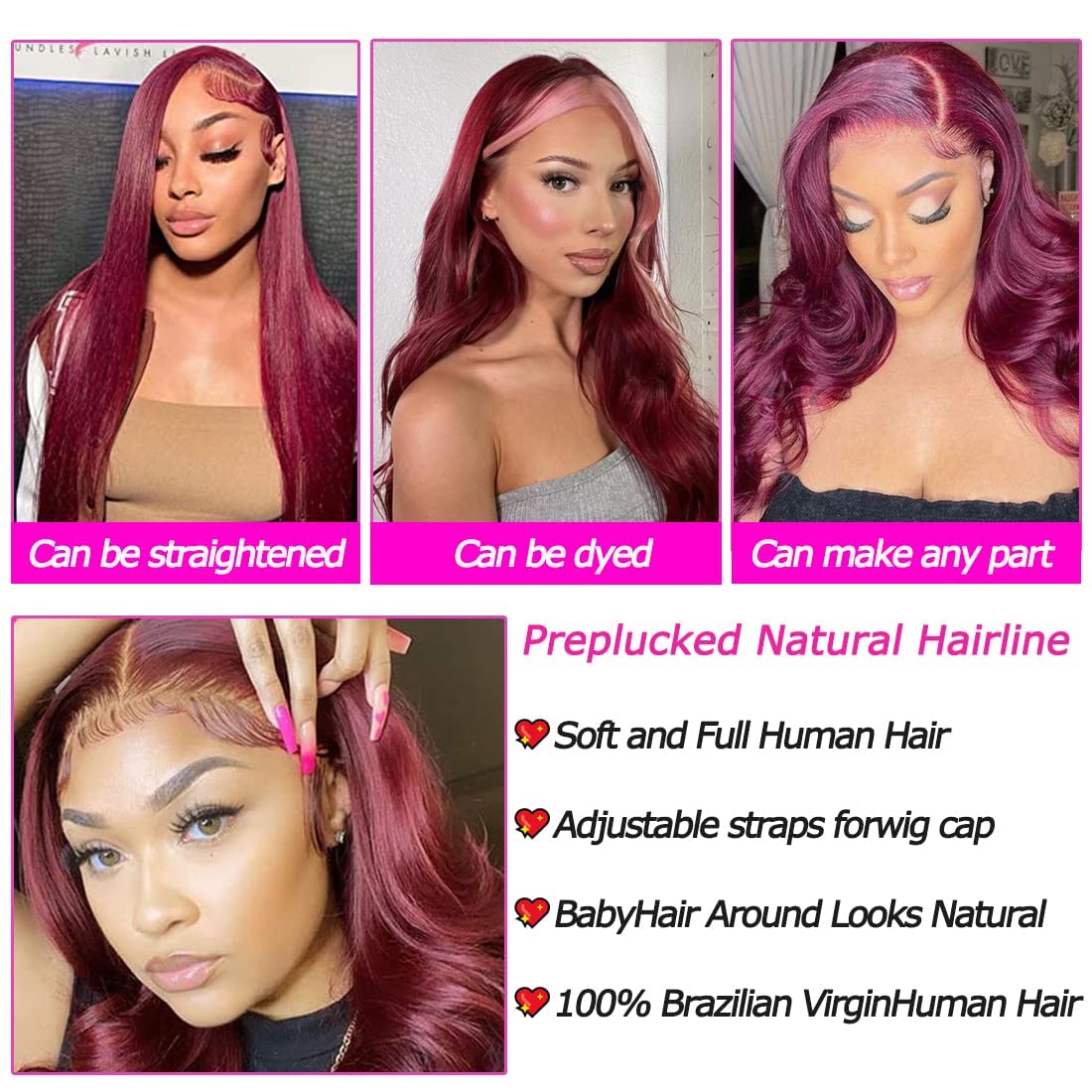 xiweiya 99J Burgundy Red synthetic Lace Front Wig Heat Resistant Red Brown Color Wigs for Women Long Glueless Wine Red Body Wave Hair