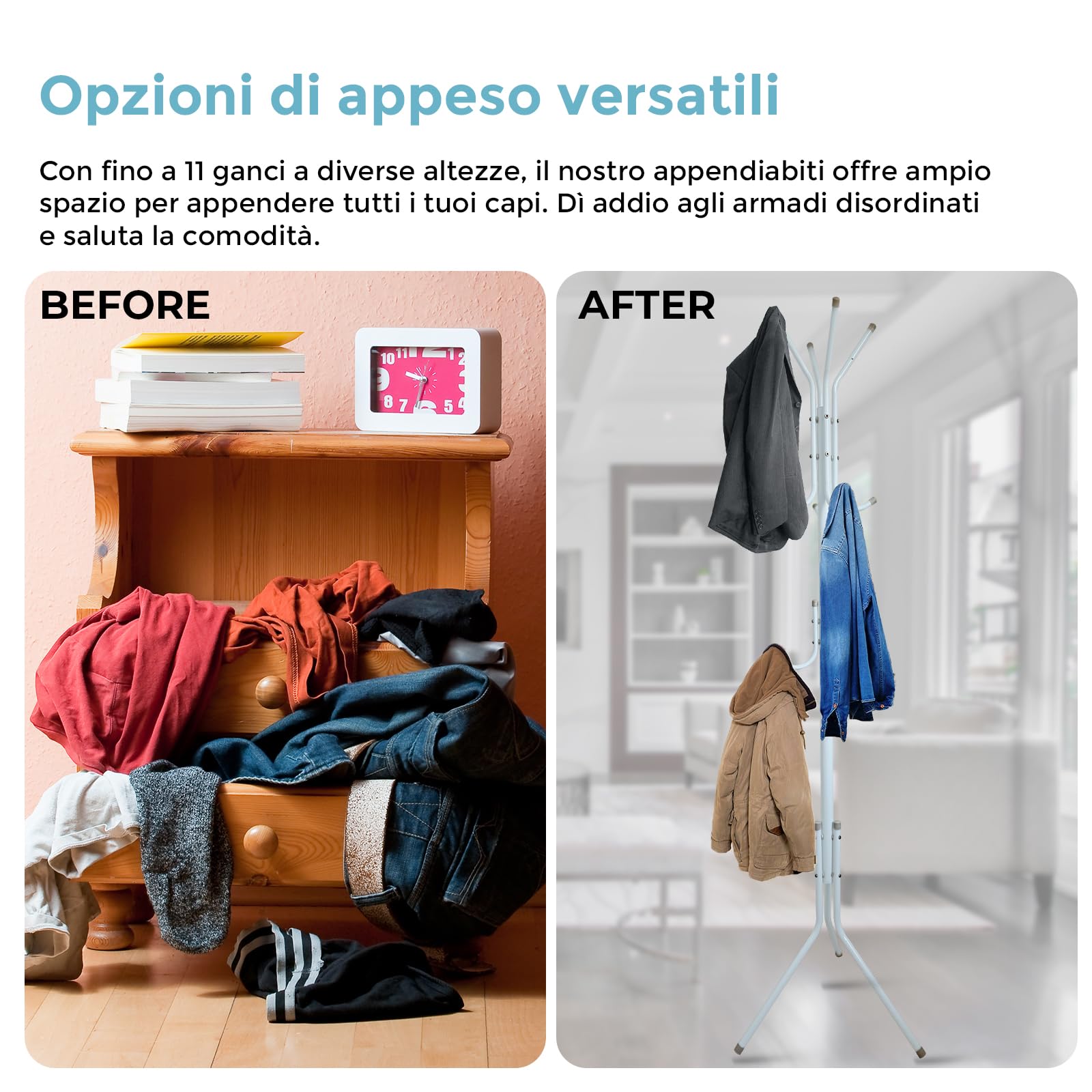 Attaccapanni da terra in metallo appendiabiti per abiti, borse, cappotti con 12 ganci, con base triangolare per una maggiore stabilità 175x43cm (BIANCO)
