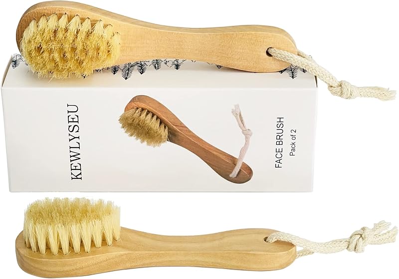 KEWLYSEU Escova Manual para Limpeza Facial com Cerdas Naturais e Cabo de Madeira, Pacote com 2