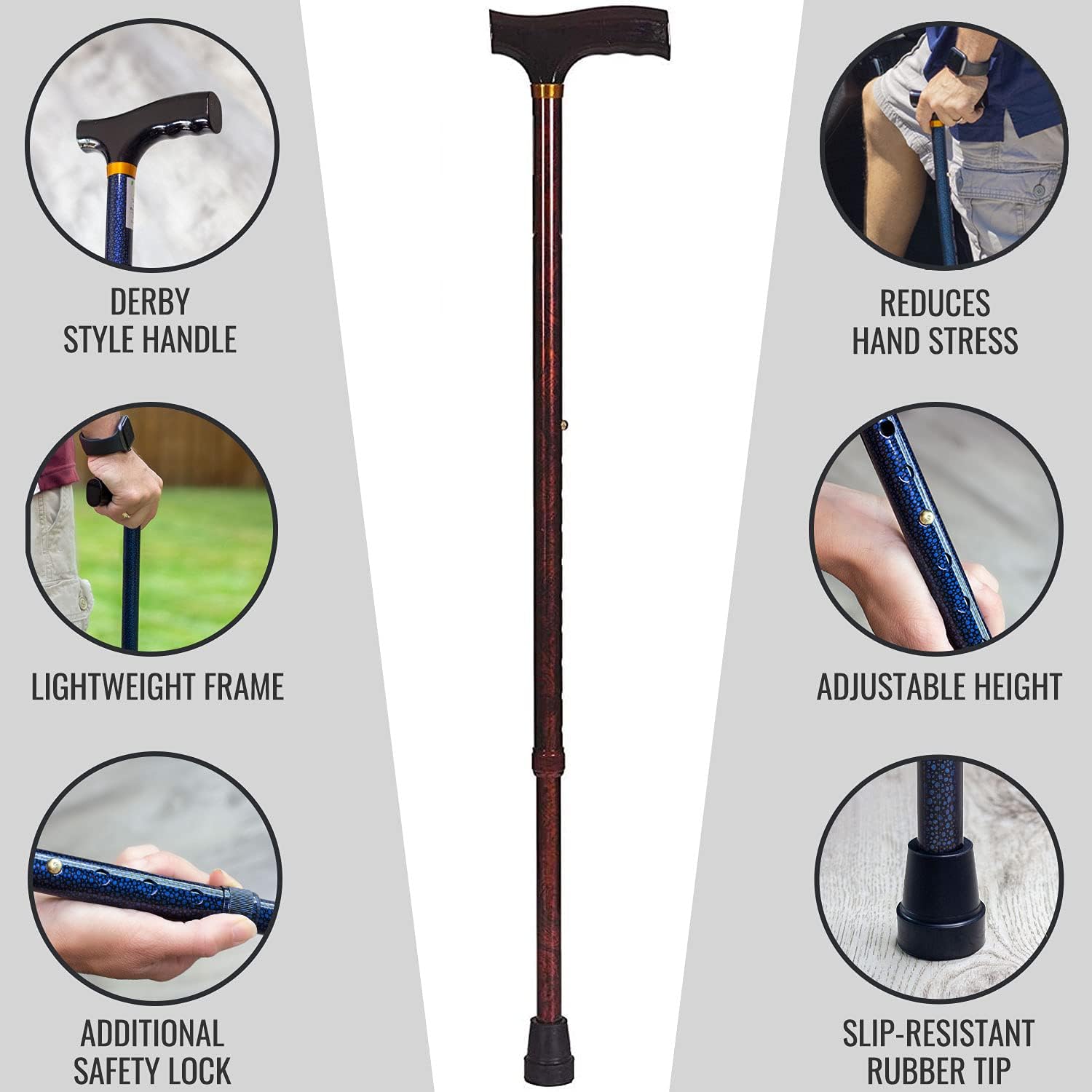 DMI Briggs Healthcare Lightweight Aluminum Adjustable Walking Cane with Derby-Top Handle, Woodgrain : Everything Else