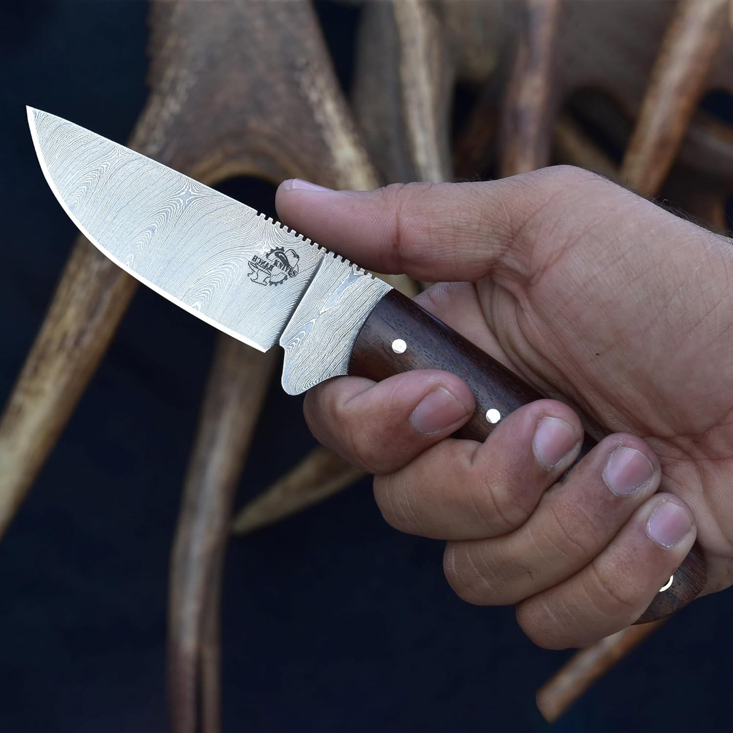 Knives Ranch Handmade 7-1/2" EDC Hunting Knife - Full Tang Construction - Damascus Steel Blade - Rosewood Handle - Heavy Duty Leather Sheath (3183-IRW)