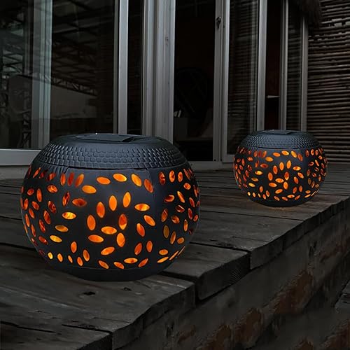 Luces solares de mesa impermeables para exteriores, paquete de 2 lámparas de llama parpadeante bailarina, luz de mesa de metal negro, lámpara de
