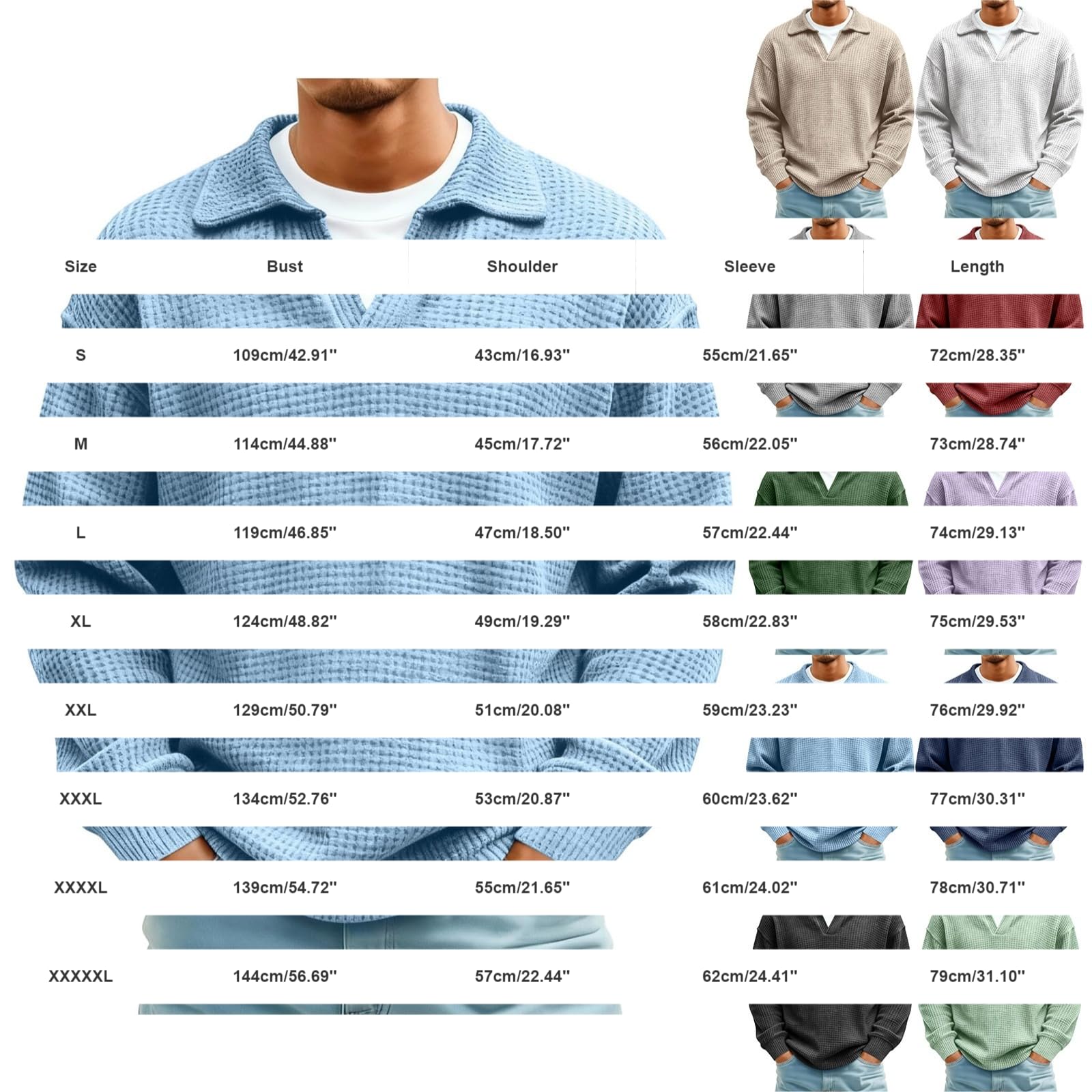 Jersey de punto gofre de gran tamaño para hombre, cuello en V, manga larga