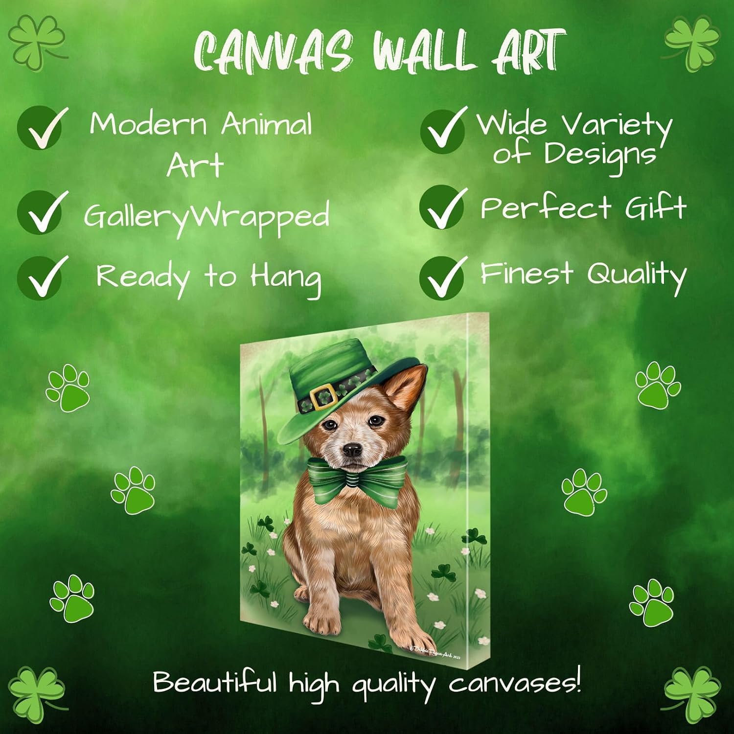 St. Patricks Day with Australian Cattle Dogs Canvas Wall Art - Premium Quality Ready to Hang Room Decor - Flat Rolled 11" x 14"