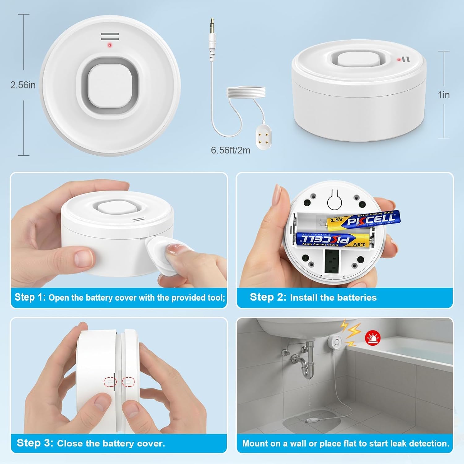 DAYTECH WLAN-Wasserleck-Detektor, 110 dB, Wasseralarm mit Telefonwarnungen und 2 m Detektorkabel, intelligenter Wasserstandssensor für Keller/Waschküche/Küche, 2er-Pack (nur 2,4 G WLAN)