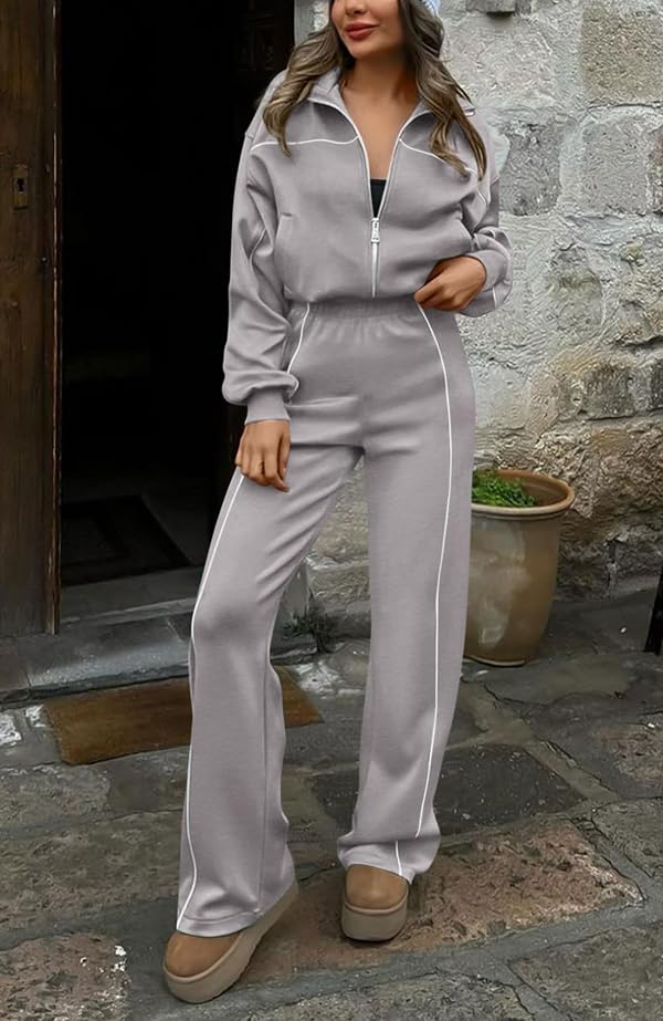 BTFBM Women's Two Piece Tracksuit Spring 2026 Long Sleeve Zip Up Sweatshirt Long Pants Outfits Jogger Sweatsuit Sets(Solid Grey,Small) by BTFBM - Image 2