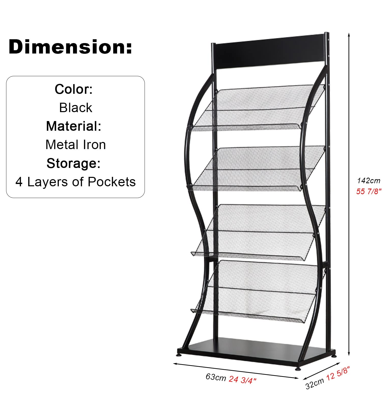 MTSON Prospektständer Magazin Rack Floor Standing Literaturständer, Metall Office Katalog Display Stand Zeitungshalter für Ausstellung, Langlebige Broschüre Stehen - Schwarz