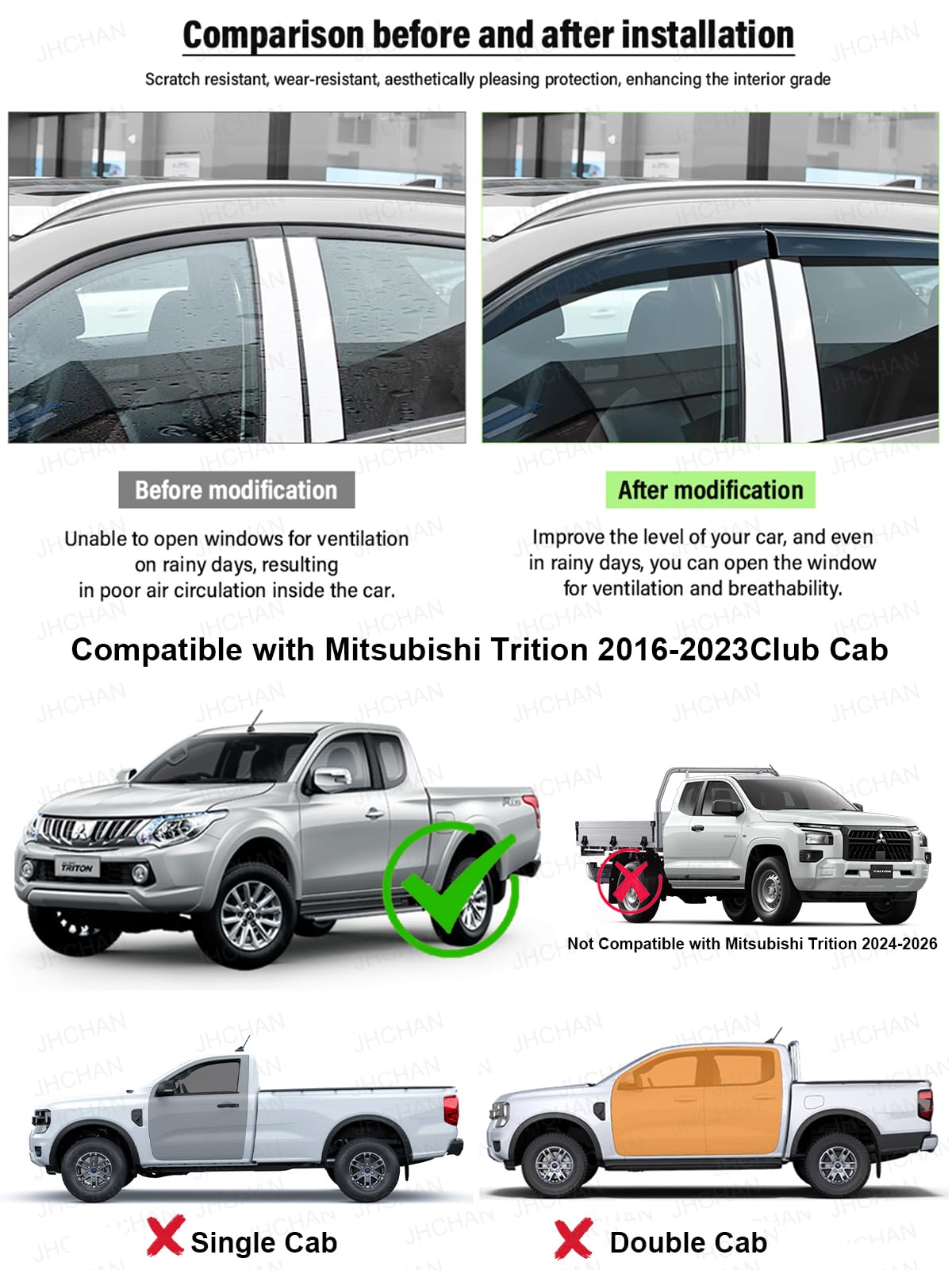 Deflectores de viento | Compatible con: Mitsubishi L200/Trition (2016-2023) Accesorios Club/Space/Extended Cab Juego de 4 piezas | Protectores de lluvia para ventana, protección contra el