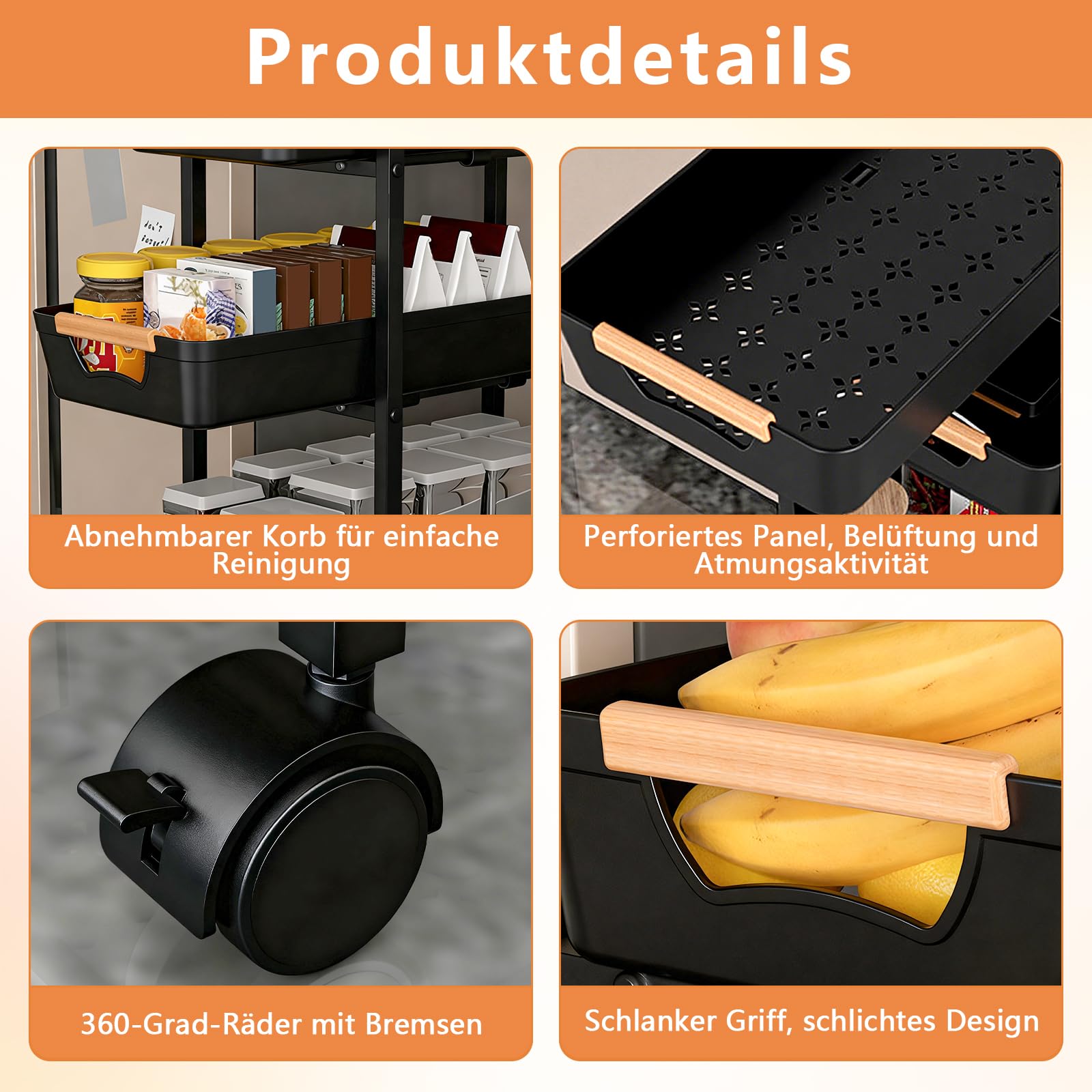 Carro de cocina con ruedas, 5 niveles, estrecho, con cajones extraíbles, ruedas giratorias de metal con freno de 360°, para espacios pequeños, cocina, baño, salón, estudio, color negro