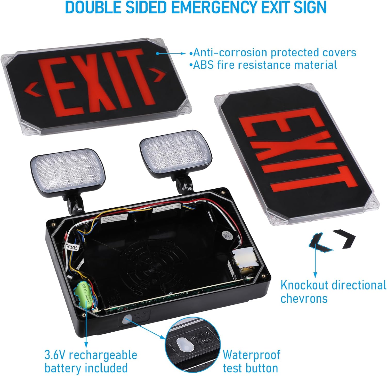 LEONLITE LED Exit Light, Wet Location Exit Sign with Emergency Lights, UL Listed, Outdoor Hardwired Red Letter Exit Sign with Battery Backup, 2 Dual Heads, Double Face, AC 120/277V, Black, Pack of 6