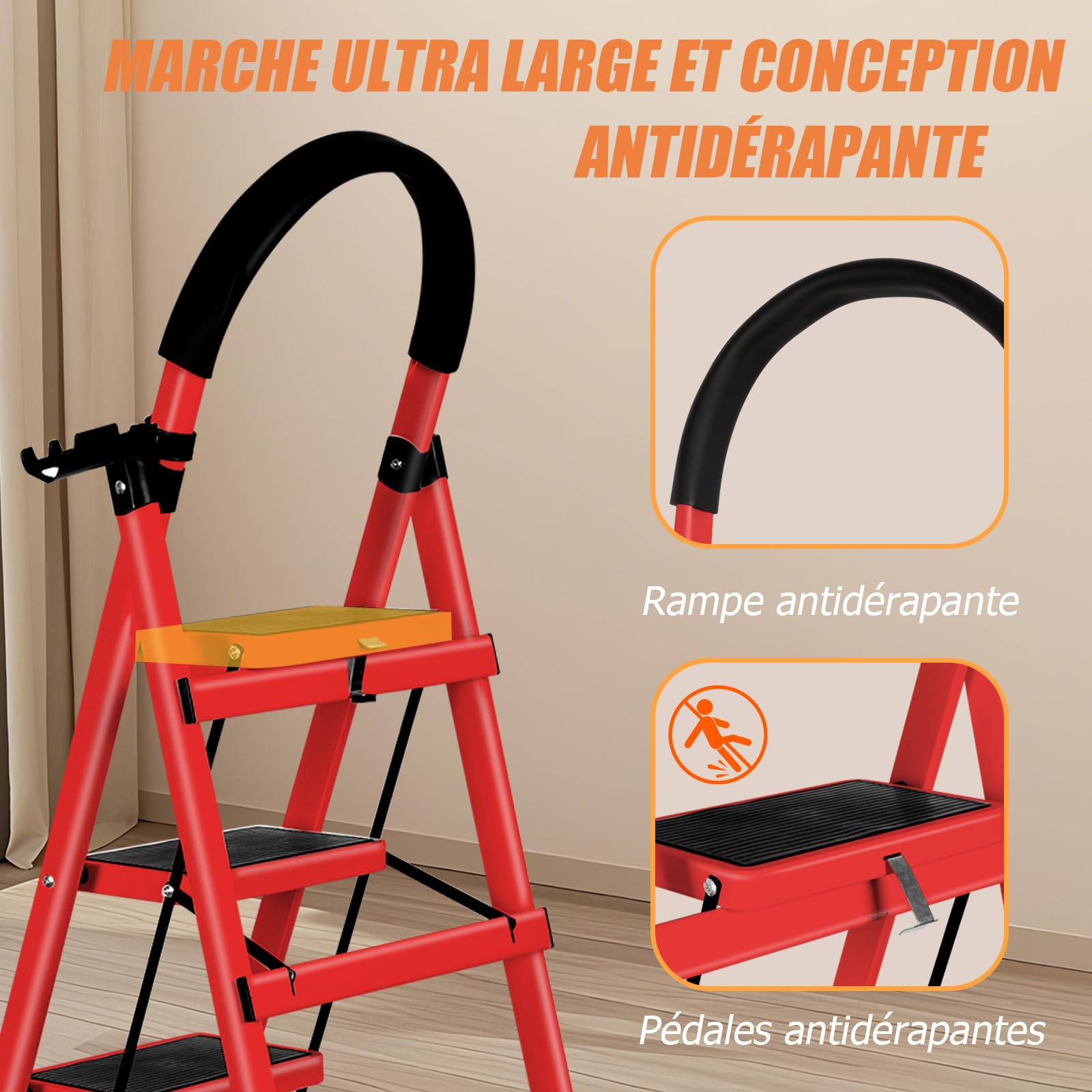 Escabeau Ménager 3 Marches en Aluminium avec Mains Courantes 150 KG Escabeau en Aluminium Echelle Multifonctions pour Maison et Bureau-104 x 57 x 41,5 cm - 3 marches (Rouge)
