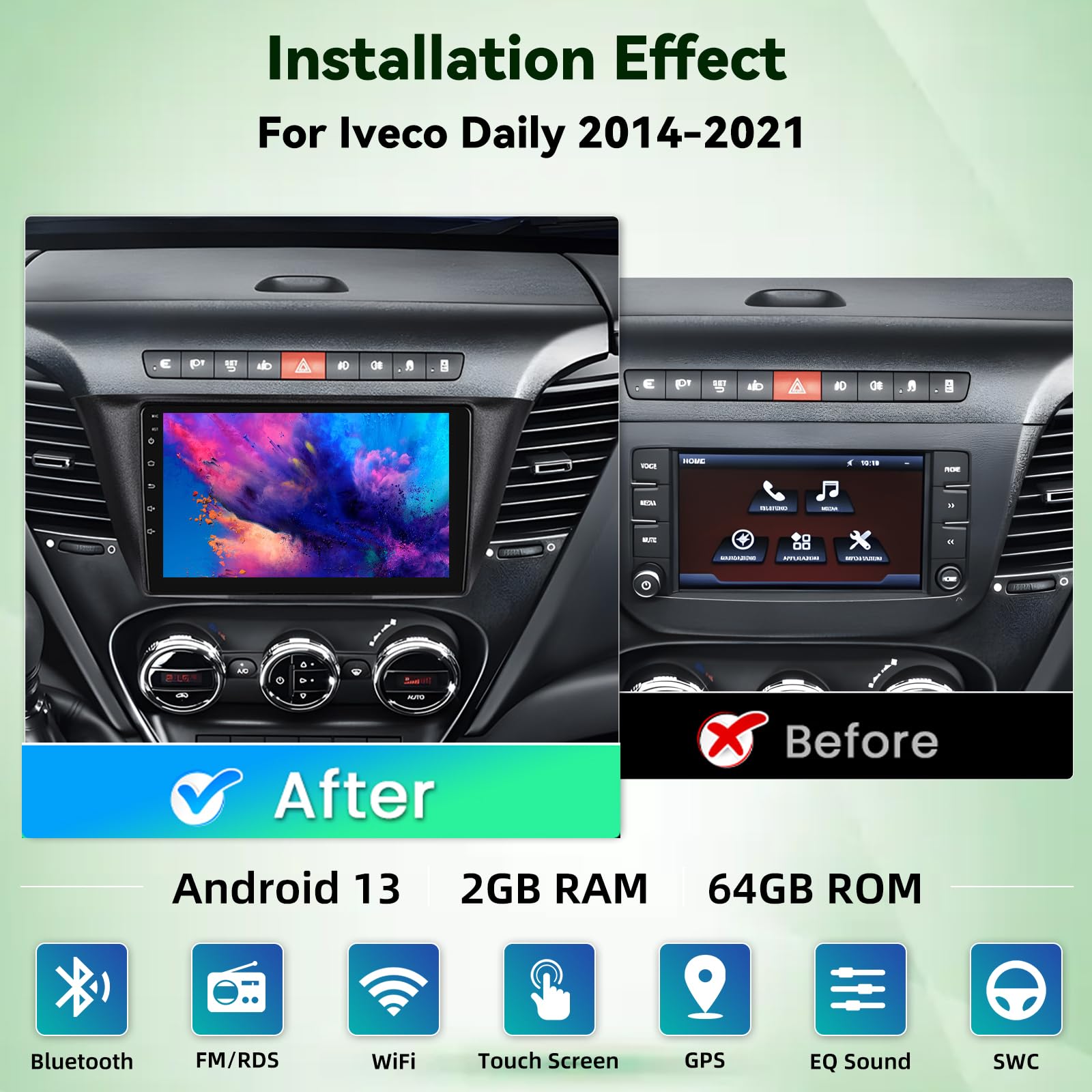Autoradio Android 2G+64G pour IVECO Daily 2014-2021, Wireless Carplay & Android Auto Radio à Écran Tactile 9 Pouces avec WiFi/GPS/Bluetooth/EQ/FM RDS Radio+Caméra de Recul +Mic
