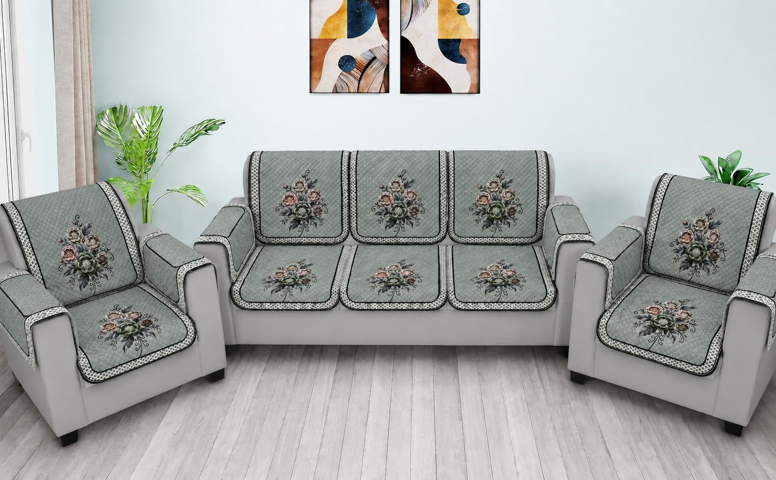 Sofa Cover | MOJO CREATION 7D 3+1+1 Sofa Cover Set for 5 Seater Sofa (Pack of 10) Premium Ultrasonic GARDEN FLOWER-picture-16