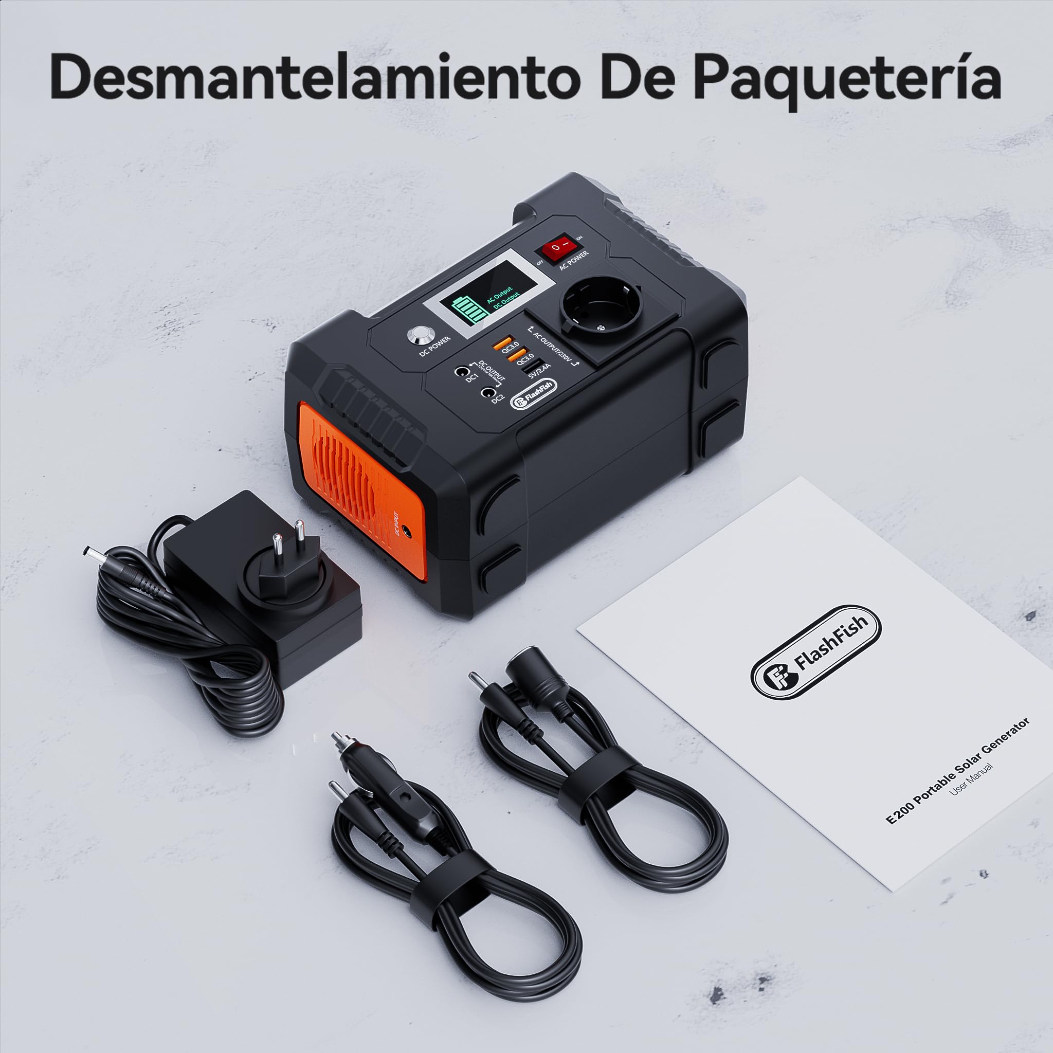 FlashFish estacion de energia portatil 200W, 151Wh Generador Solar, Salida de CA de 230V, Batería de Emergencia, Generador Electrico Portatil para Acampar, Aventuras y Emergencias