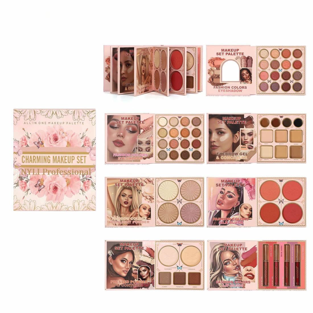 All in One 7 Layer Makeup Kit | Book Style Palette with Eyeshadow, Concealer, Blush, Highlighter & Contour | Includes Brow Gel, Pressed Powder & 4 Lip Gloss Shades | Professional Travel & Bridal Makeup Combo
