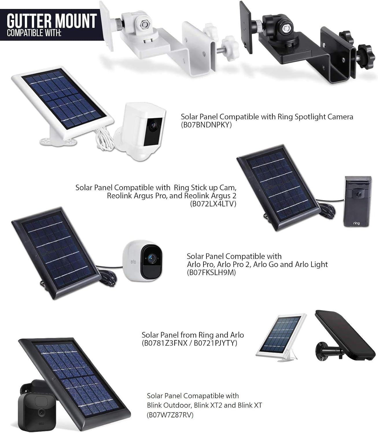 Wasserstein Gutter Mount Compatible with Ring, Arlo, Blink, Reolink Cams & Compatible Solar Panels (3 Pack, Black)