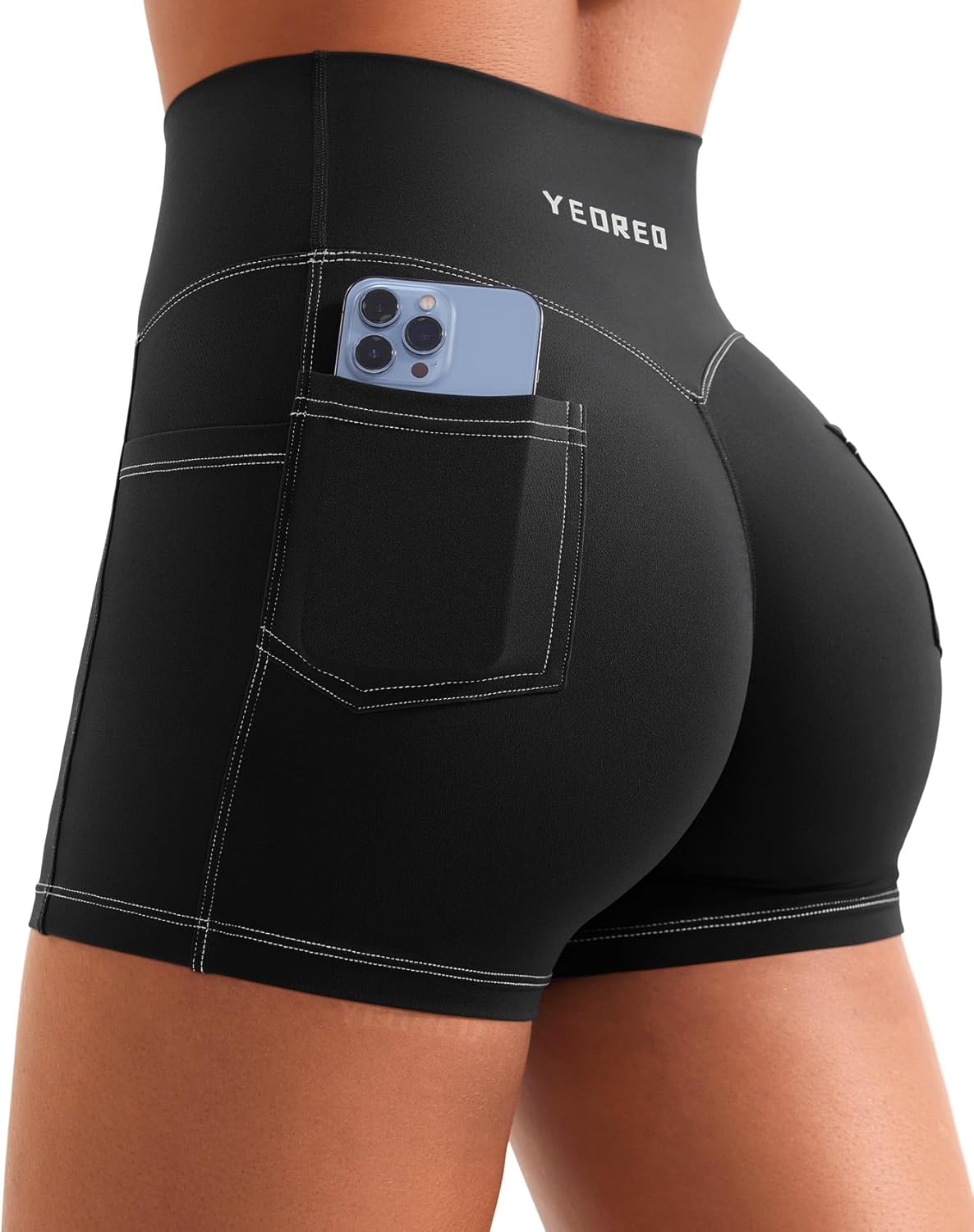 YEOREO CoreFlex Women Workout Shorts with Cargo Pockets Hidden Scrunch Butt Lifting Denim-Look Gym Shorts