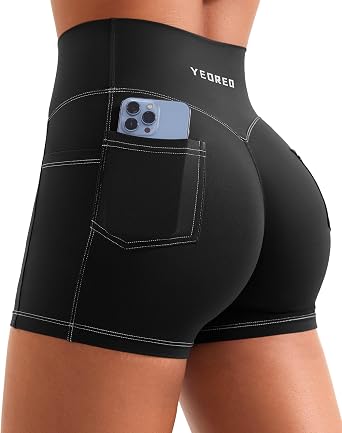 YEOREO CoreFlex Women Workout Shorts with Cargo Pockets Hidden Scrunch Butt Lifting Denim-Look Gym Shorts