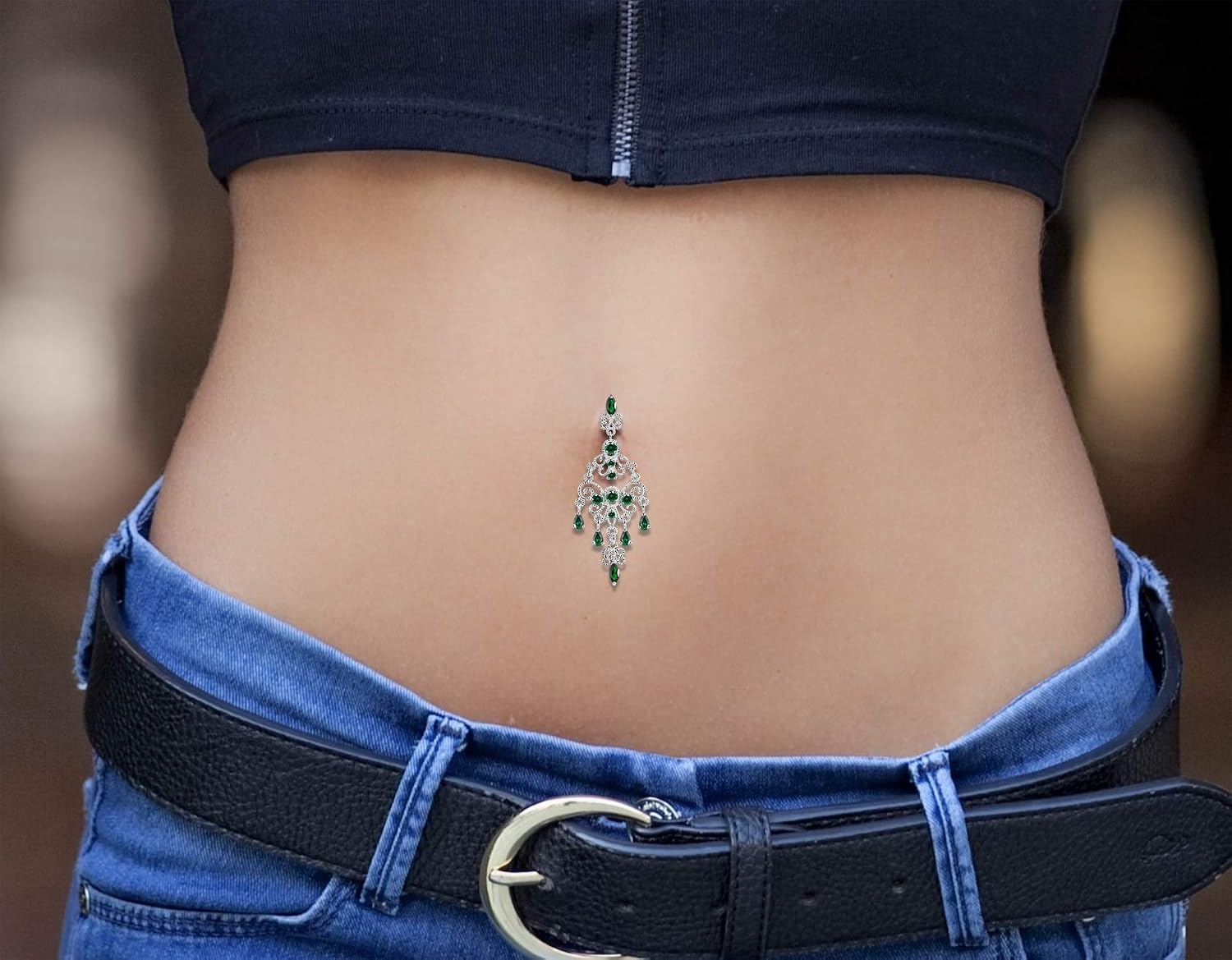 Cz Gemstones Mega Chandelier Dangling Reverse Bar Dangling Design 925 Sterling Silver with Stainless Steel Belly Ring - Belly Button jewelry - Navel jewelry