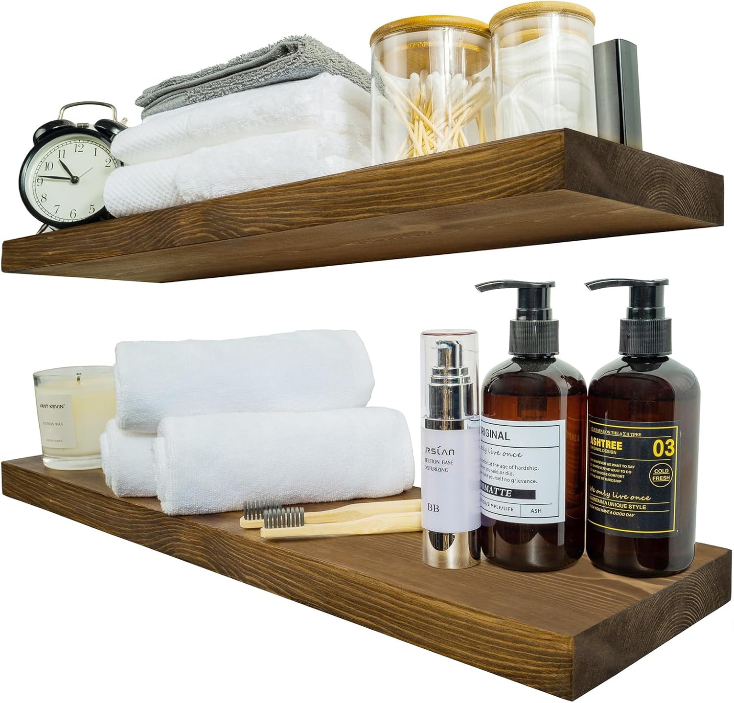 BGMG Wood Floating Shelves 24 inch, Wide Rustic Wooden Wall Shelves for Bathroom Living Room Bedroom Kitchen Farmhouse Set of 2-24x 6.7 x1.25 inch- Walnut Color Walnut Color 24 inch