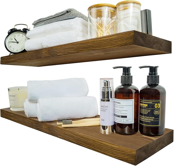 BGMG Wood Floating Shelves 24 inch, Wide Rustic Wooden Wall Shelves for Bathroom Living Room Bedroom Kitchen Farmhouse Set of 2-24x 6.7 x1.25 inch- Walnut Color