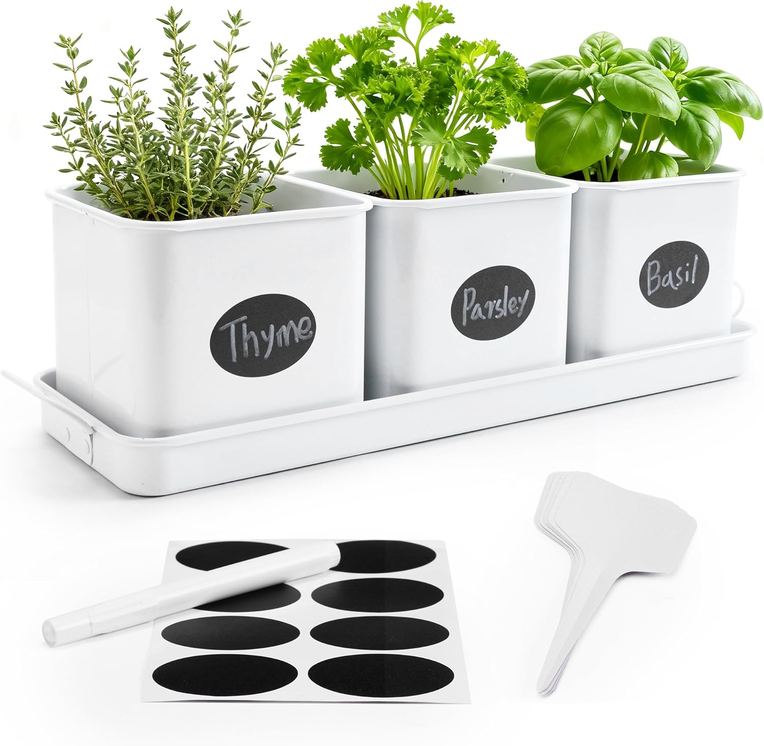 Indoor Herb Garden, Herb Planter Set with Handled Tray, 3 Iron Indoor Plant Pots with Drainage Holes, Windowsill Planter with Customizable Labels, Marker Pen, 10 Plant Labels, Window Pots, White