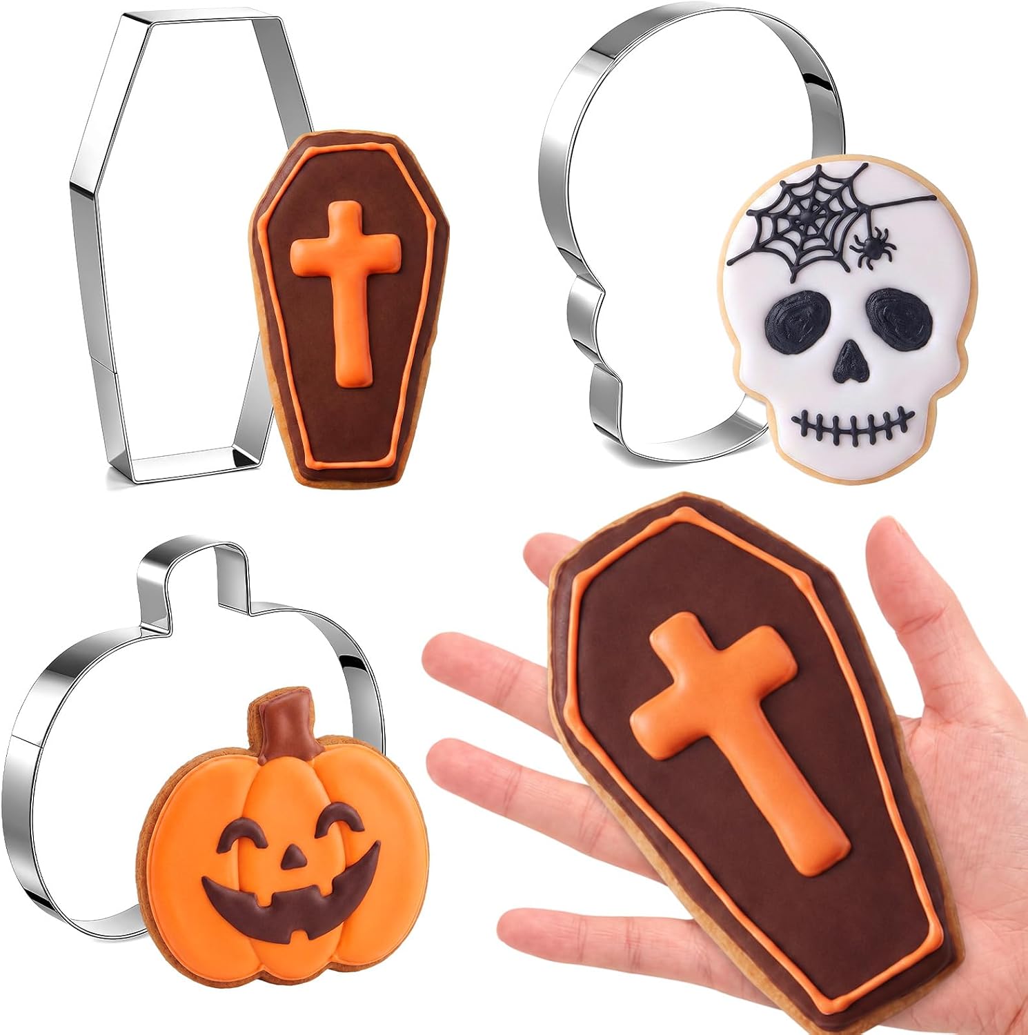 Teenyyou 3 Pcs Large Halloween Cookie Cutters Set 7.5 Inch Extra Large Pumpkin Bat Ghost Shapes Stainless Steel Metal Giant Cookie Cutters Molds for Halloween Day Baking Party Kitchen Accessories