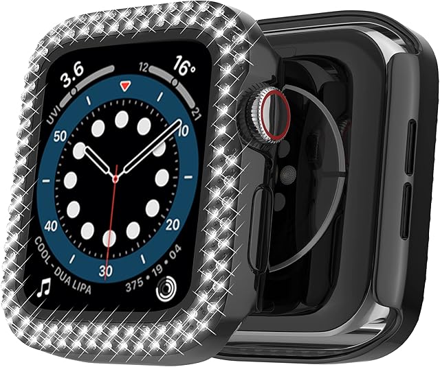 VAKS for Apple Watch Case 44mm Series 6 5 4 SE with Tempered Glass Screen Protector,Double Bling Case Crystal Diamond Frame Protective for iWatch 44mm, Black