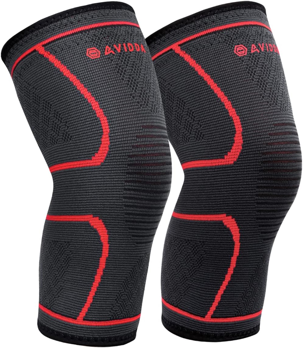 AVIDDAKnee Support Brace 2 Pack - Compression Knee Sleeves for Arthritis, Joint Pain, Ligament Injury, Meniscus Tear, ACL, MCL, Tendonitis, Running, Squats, Sports Grey Red Small