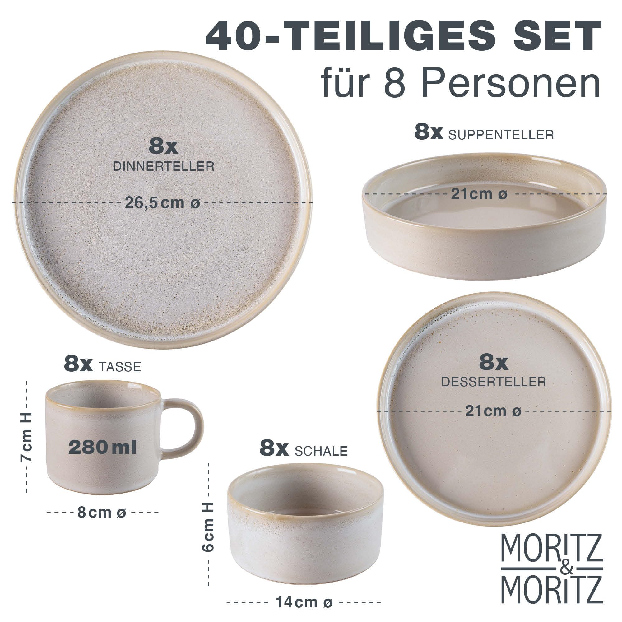 Moritz & Moritz CASTELLO 40-teiliges Geschirrset 8 Personen Beige - Teller Set aus Steinzeug - Geschirr Set Beige aus je 8 Dinnerteller, Dessertteller, Suppenteller, Schüsseln und Tassen
