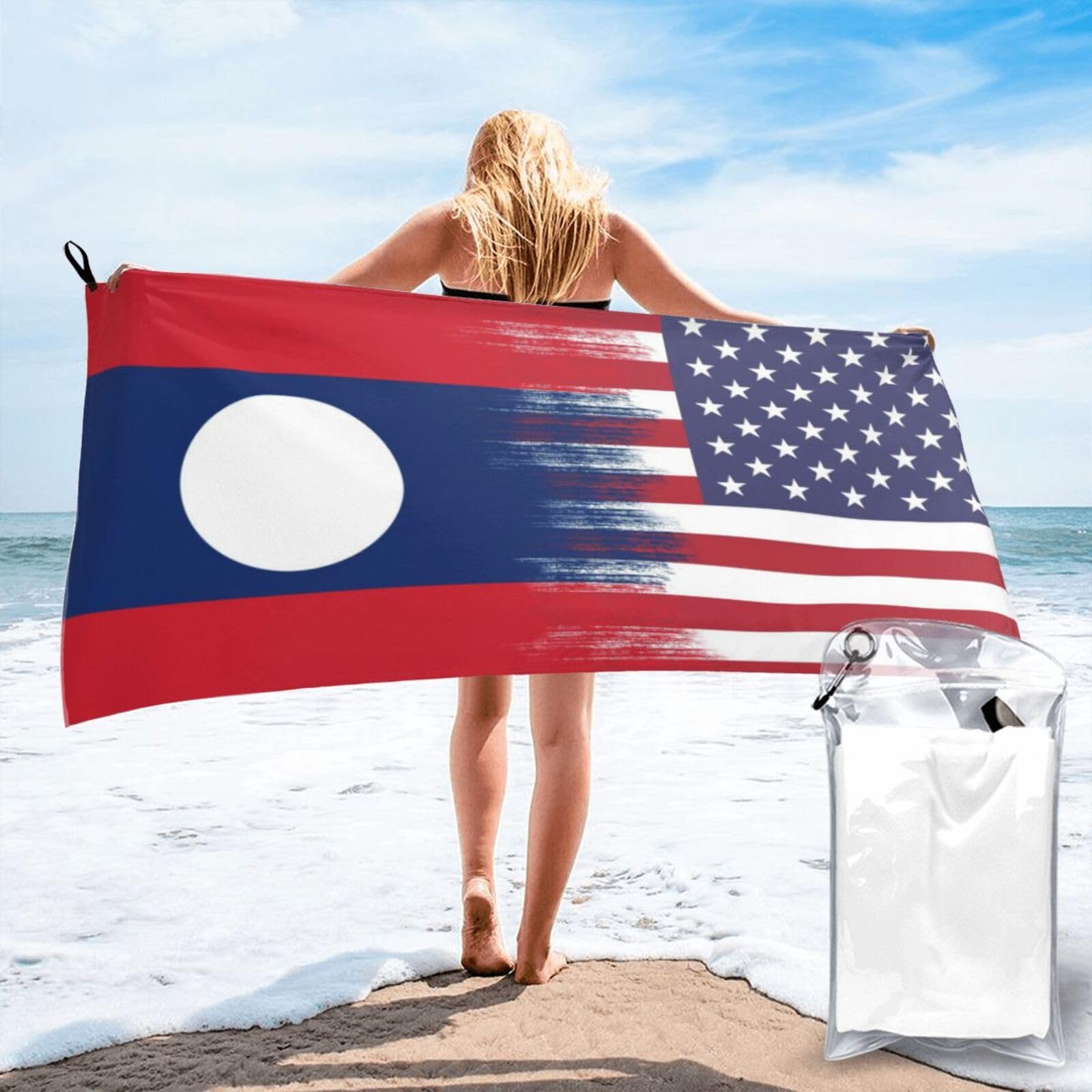 HACXZ Funny America Flag and South Laos Lao Flag Absorbent Beach Towel Microfiber Beach Shower Towel 31.5"X63"