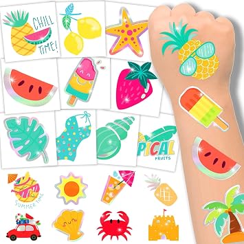 winthrop 120 Pcs Summer Temporary Tattoos for Kids, Metallic Foil Bronzing Style, Individually Wrapped Safety Waterproof Tattoos, Best Choice for Hawaiian Pool Beach Party Matching Game, 60 Designs