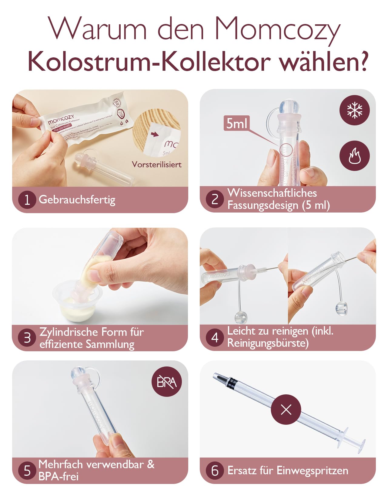 Momcozy Colostrum Collector Kolostrum-Sammler Wiederverwendbarer Muttermilch-Sammler, tragbarer Kolostrum-Behälter zum Füttern des Babys, Mehrzweck-Sammler BPA-frei, 5ml-6St.