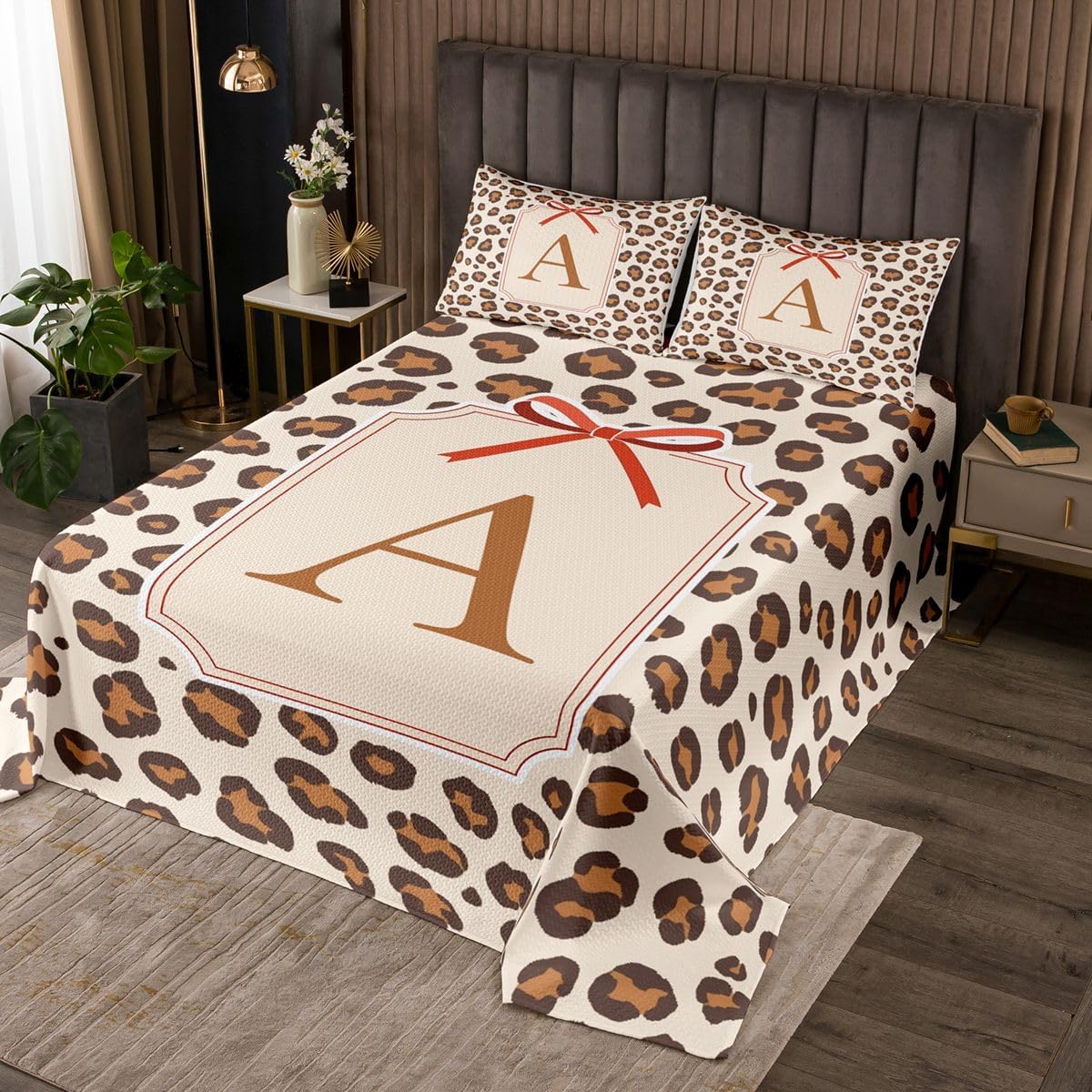 jejeloiu Leopard Bedspread Quilts Letter A Coverlet Set Queen Size for Kids Boys Girls Cute Bow Quilted Coverlet for All Season with 2 Pillowcases Microfiber