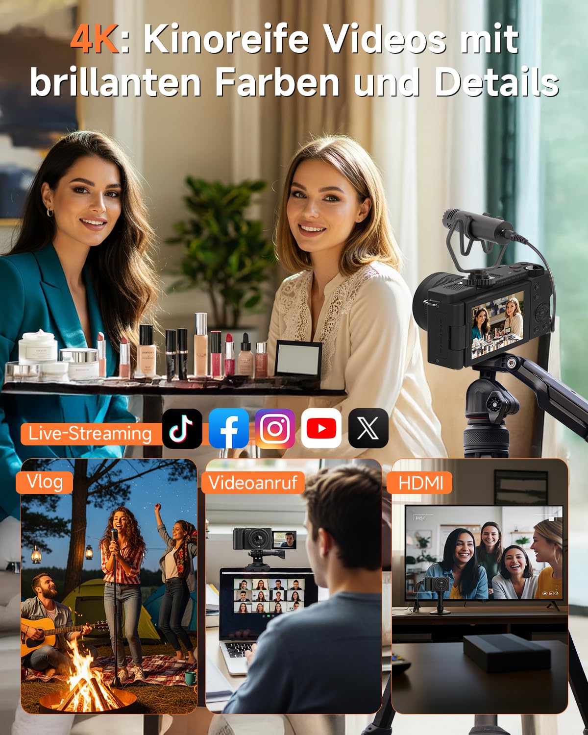 Rollei 64MP 4K Digitalkamera Compactline 10X Flip Screen 10X Optischer Zoom | Fotokamera mit 180° Dreh- & Schwenkbares 2,88" Display für Selfie Vlogging Fotoapparat Tragbar für Teens Anfänger Schwarz