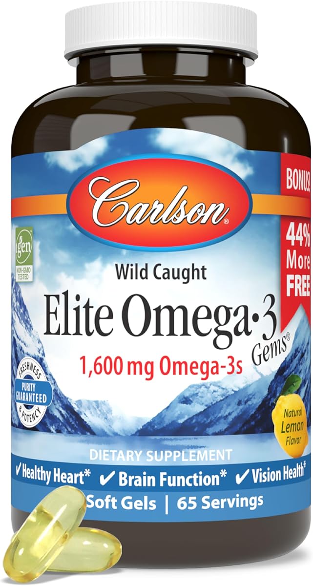 Carlson Elite Omega-3 Gems, 1600 mg, de Noruega, Limón, 60 cápsulas blandas | Ácidos grasos omega-3, incluidos EPA y DHA; Suplemento de aceite de pescado silvestre; Cápsulas de aceite de pescado Omega 3 de origen sostenible