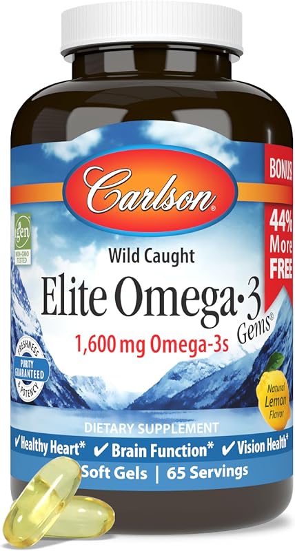Carlson Elite Omega-3 Gems, 1600 mg, de Noruega, Limón, 60 cápsulas blandas | Ácidos grasos omega-3, incluidos EPA y DHA; Suplemento de aceite de pescado silvestre; Cápsulas de aceite de pescado Omega 3 de origen sostenible