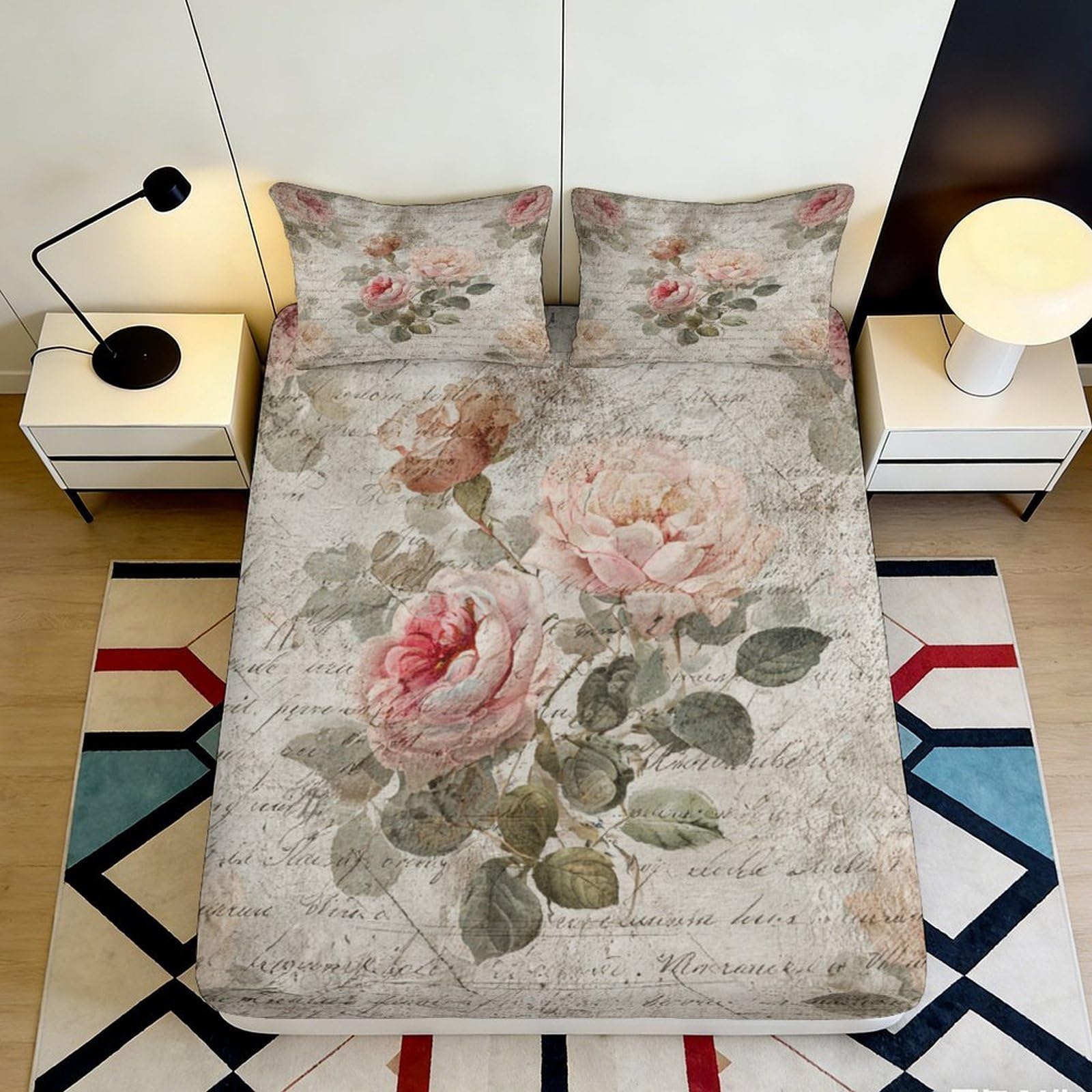 3D Printed Vintage Rose Fitted Sheet Microfiber Floral Script Mattress Cover for Bedroom Guest Room Decor 90x200x25cm
