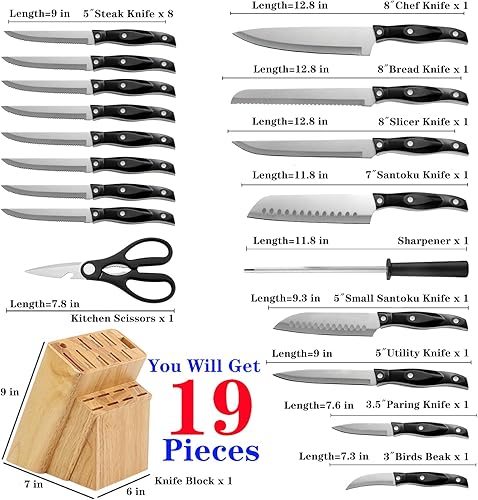 Miniatura 2 de ANDONG Juego de cuchillos de cocina prémium con bloque y afilador, juego de 19 piezas, cuchillos de cocina de acero inoxidable aptos para