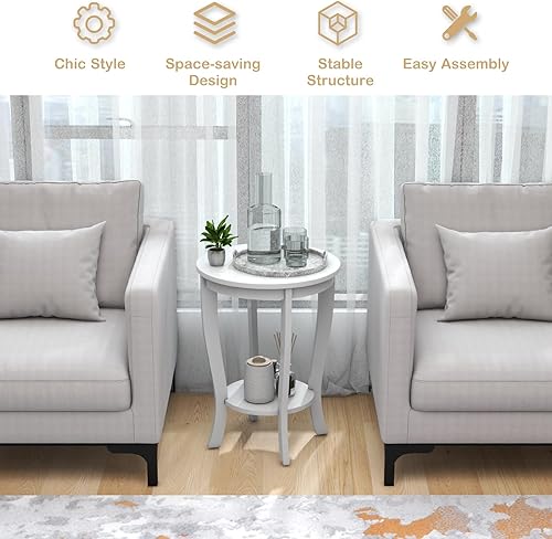 Miniatura 6 de KOTEK Mesa auxiliar redonda de 2 niveles, mesa auxiliar con estante de almacenamiento, mesita de noche moderna con patas de madera de goma maciza,