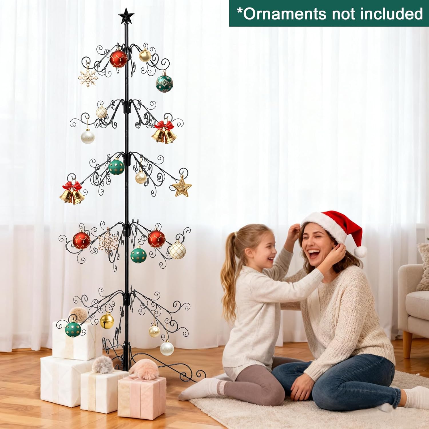 Metal Christmas Tree,144 Christmas Ornament Hooks,76inch Black Christmas Tree, DIY-Friendly Ornament Display Stand
