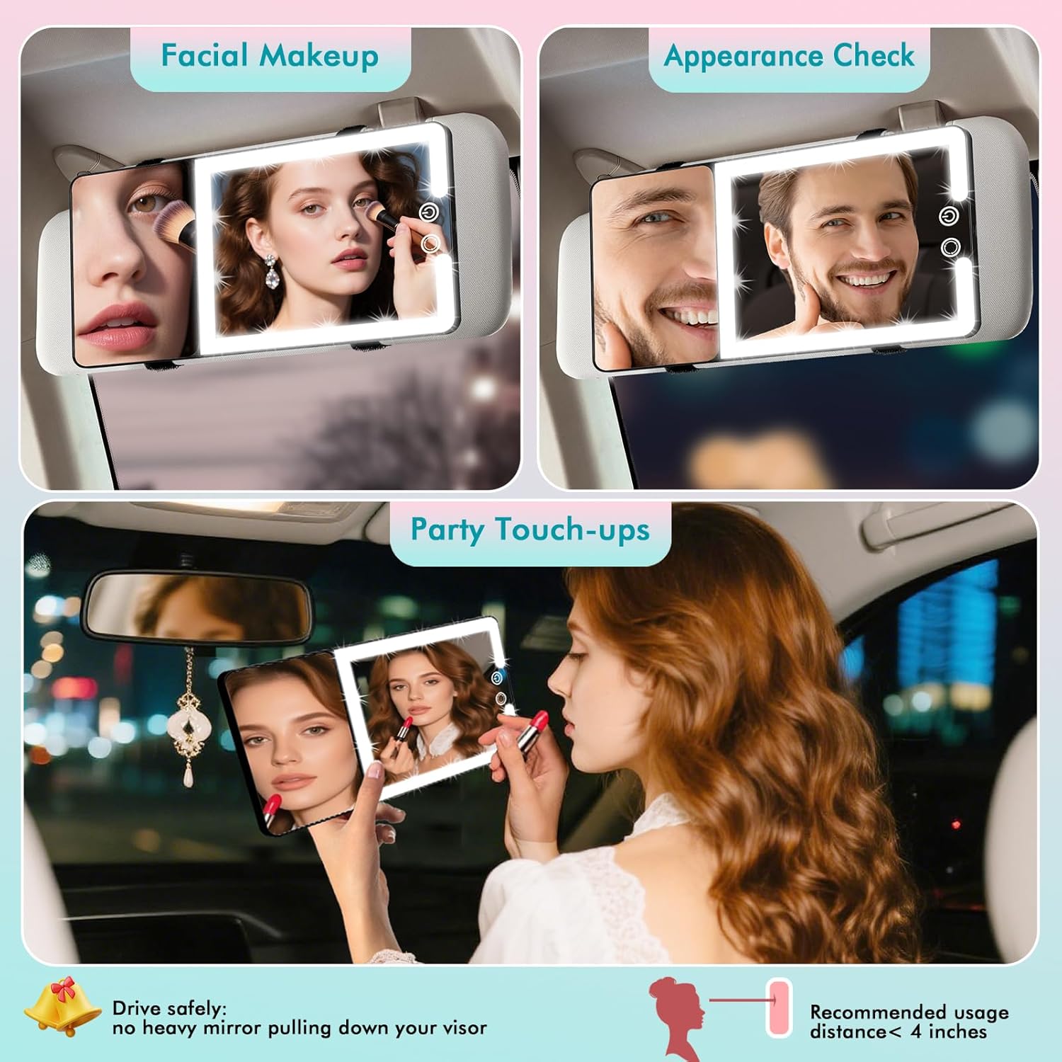 2pcs Car Sun Visor Vanity Mirror with Lights & 20X Magnification, Led Light up Makeup Mirror for Sun Visor, Rechargeable 3 Colors Dimming Light, Universal Accessories for Car SUV Truck