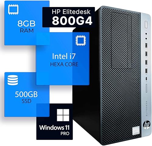 HP EliteDesk 800G4 Tower - Computadora de escritorio Hexa Core Intel i7 (3.4), 8 GB DDR4 de RAM, estado sólido SSD de 500 GB, Windows 11