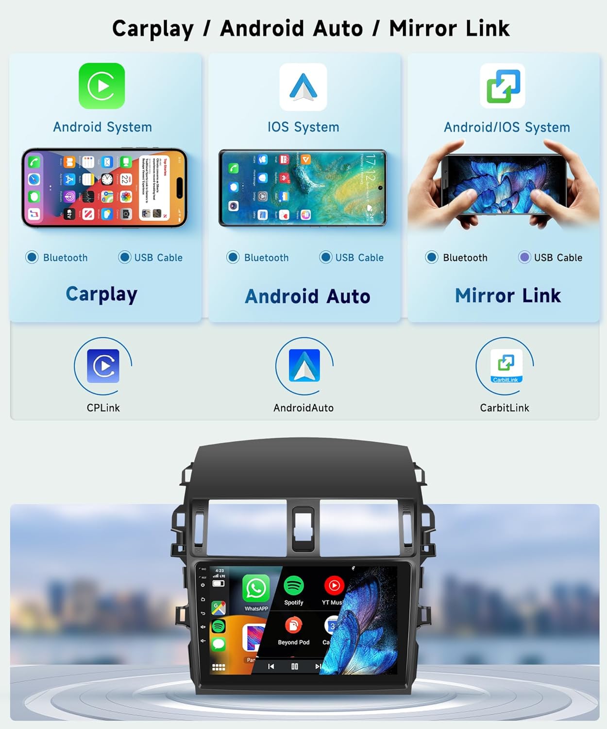 8 CORE 6G+128G Car Radio Stereo for Toyota Corolla 2009-2013, 9 Inch 1280 * 720P IPS Touch Screen 32-Band DSP Wireless CarPlay/Android Auto Android 13 GPS WiFi SWC HD Backup Camera