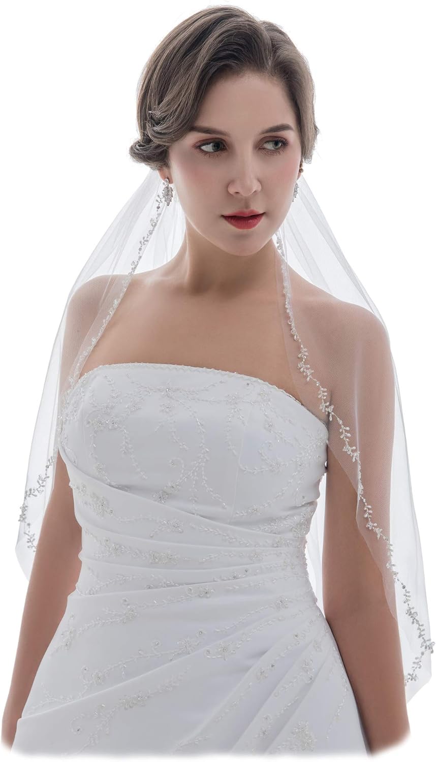 SAMKY 1T 1 Tier Offset Floral Vine Edge Crystal Pearl Veil