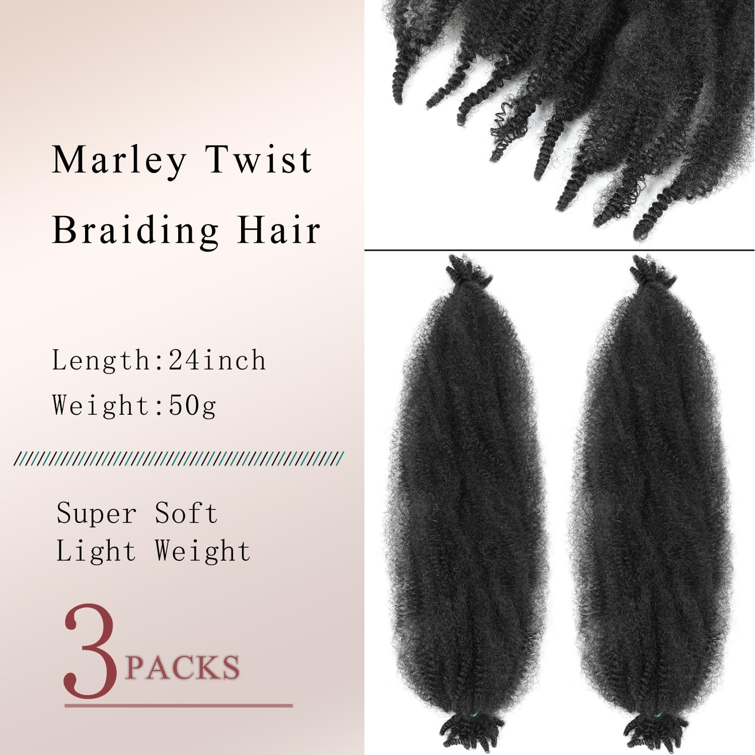 Marley Twist 24 Inch Pre-Separated Springy Afro Twist Extension, Afro Kinky for Braiding, Kinky Braiding for Black Women (1B - Image 2